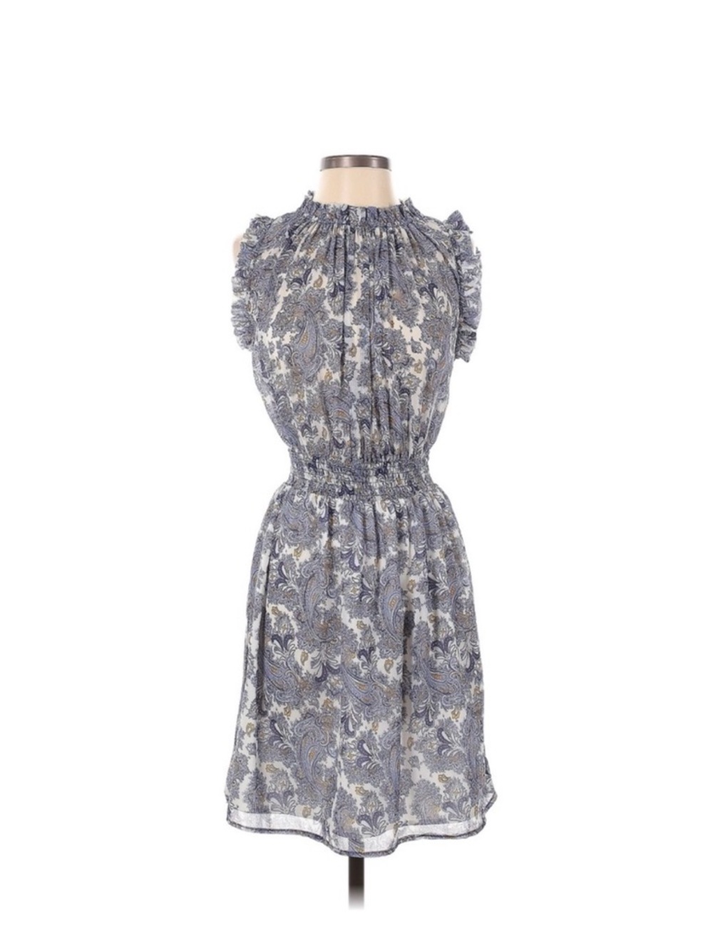 Blue and white Paisley with gold accents lightweight Smocked-Waist Mini Dress